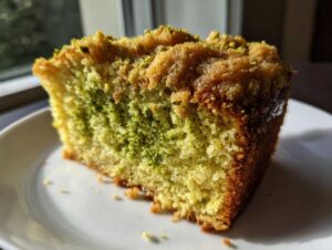 Close-up of a moist slice of pistachio coffee cake showing green pistachio swirl and golden crumb topping.