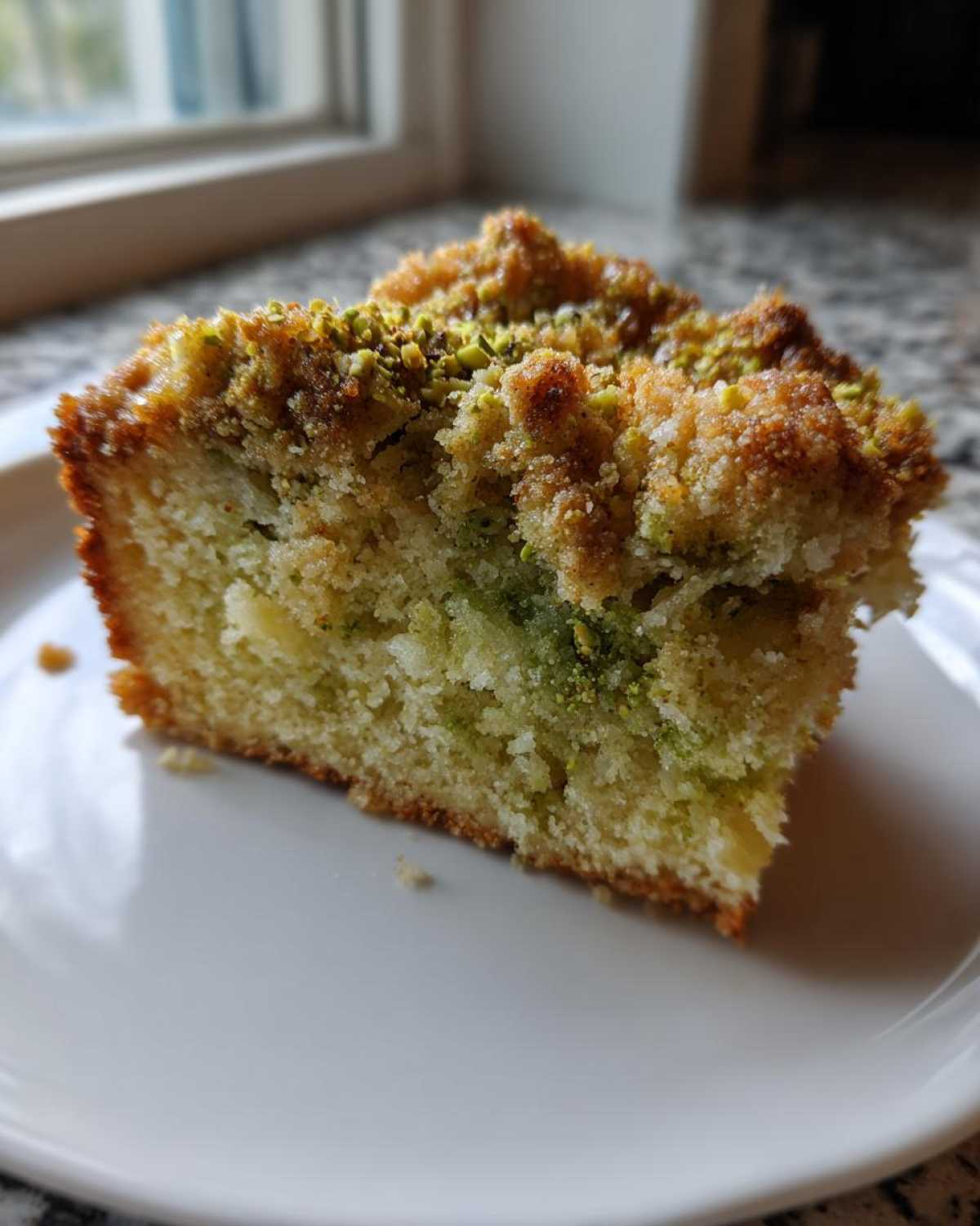 Close-up of a moist slice of pistachio coffee cake featuring a green pistachio swirl and a crunchy crumb topping.