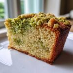 Close-up of a moist slice of pistachio coffee cake showing green pistachio swirls and a crunchy pistachio crumb topping.