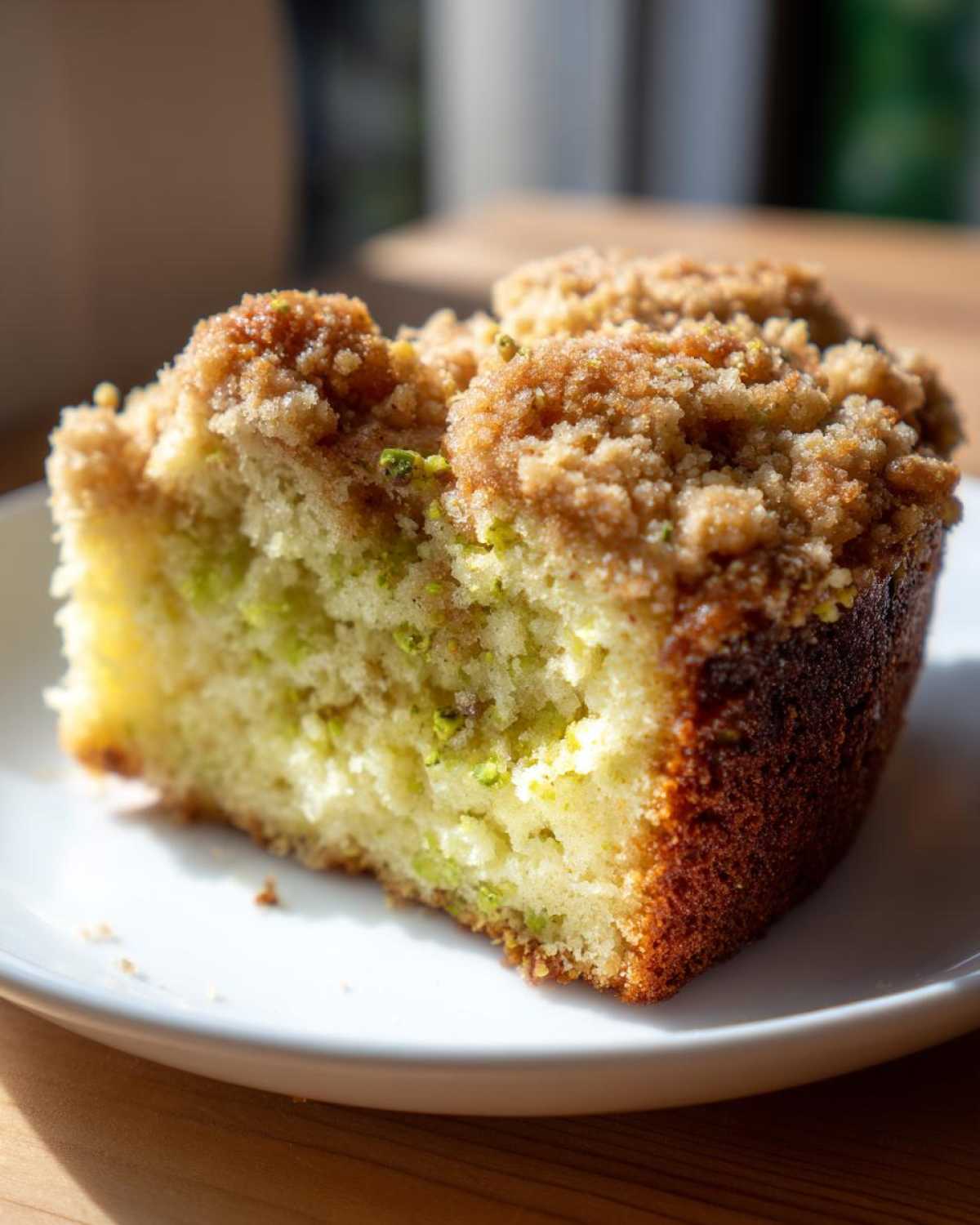 A close-up of a moist slice of pistachio coffee cake featuring green pistachio pieces and a thick, golden brown streusel topping.