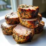 Stack of beautifully seared and sliced pork tenderloin recipe medallions coated in herbs.