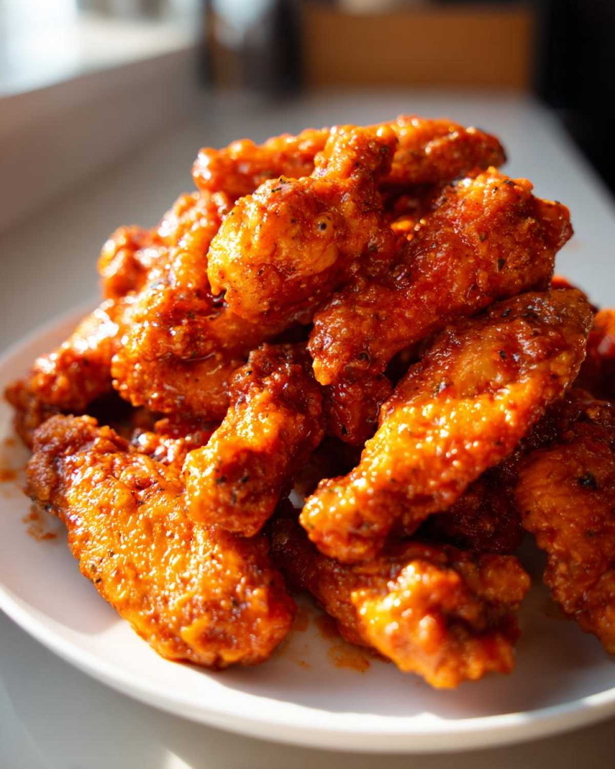 A close-up shot of a large pile of glistening, saucy buffalo wings stacked high on a white plate.