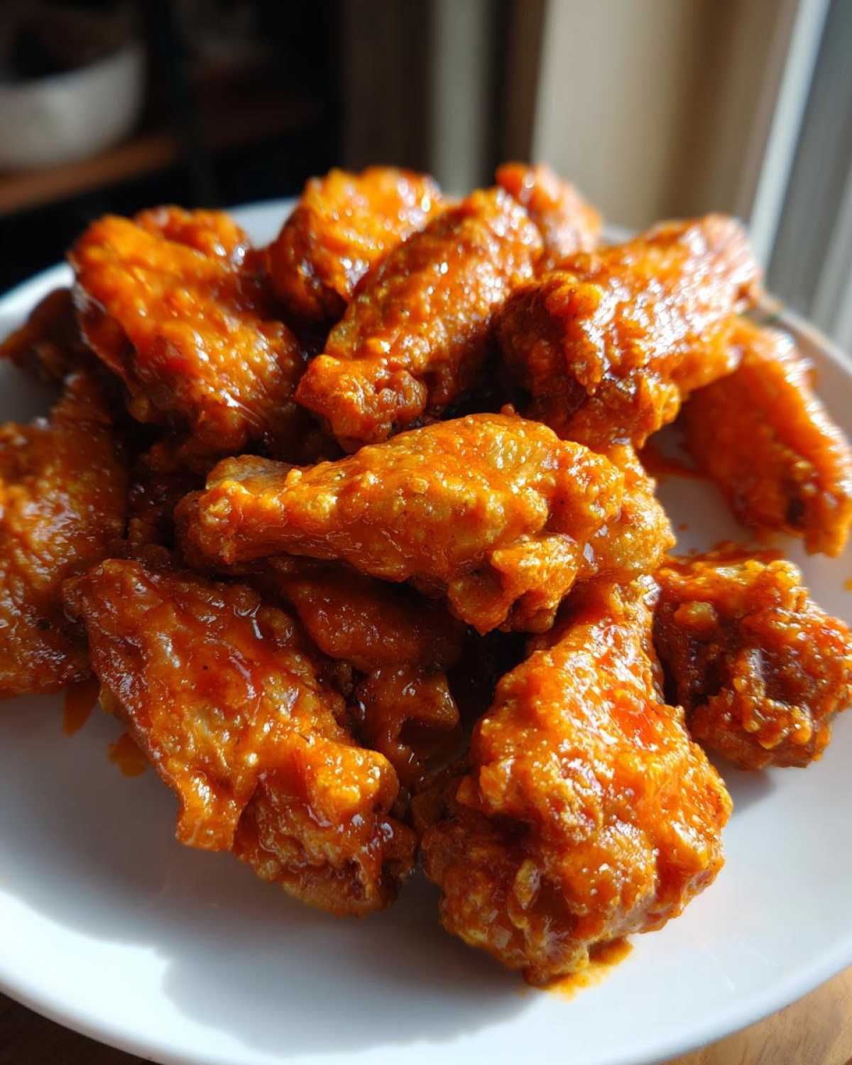 Close-up of crispy chicken pieces coated in bright orange sauce from a buffalo wings recipe, piled on a white plate.