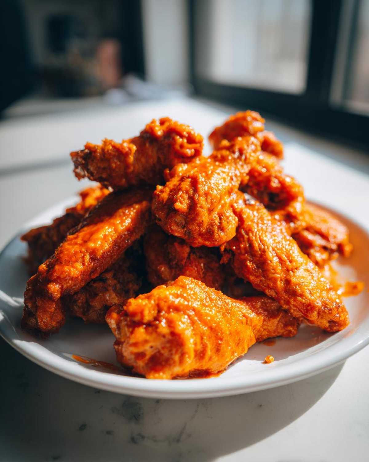A close-up, sunlit photo of a mound of crispy, saucy buffalo wings recipe piled high on a white plate.