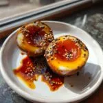 Two halves of a soft-boiled marinated eggs, featuring jammy yolks and topped with black and white sesame seeds.