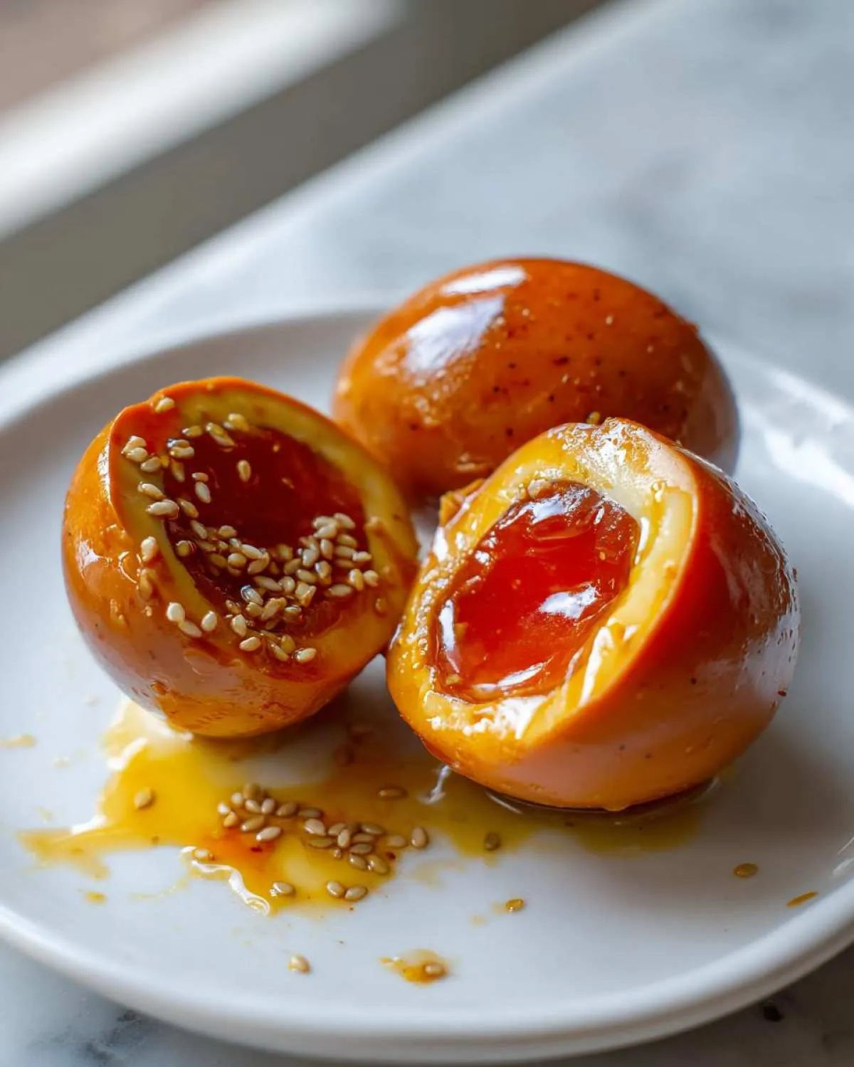 Three glossy, amber-colored marinated eggs on a white plate, two cut open revealing jammy yolks topped with sesame seeds.