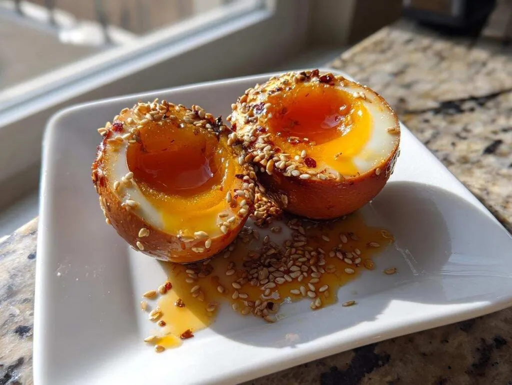 Two halves of a savory marinated eggs with jammy yolks, topped with toasted sesame seeds and chili flakes.