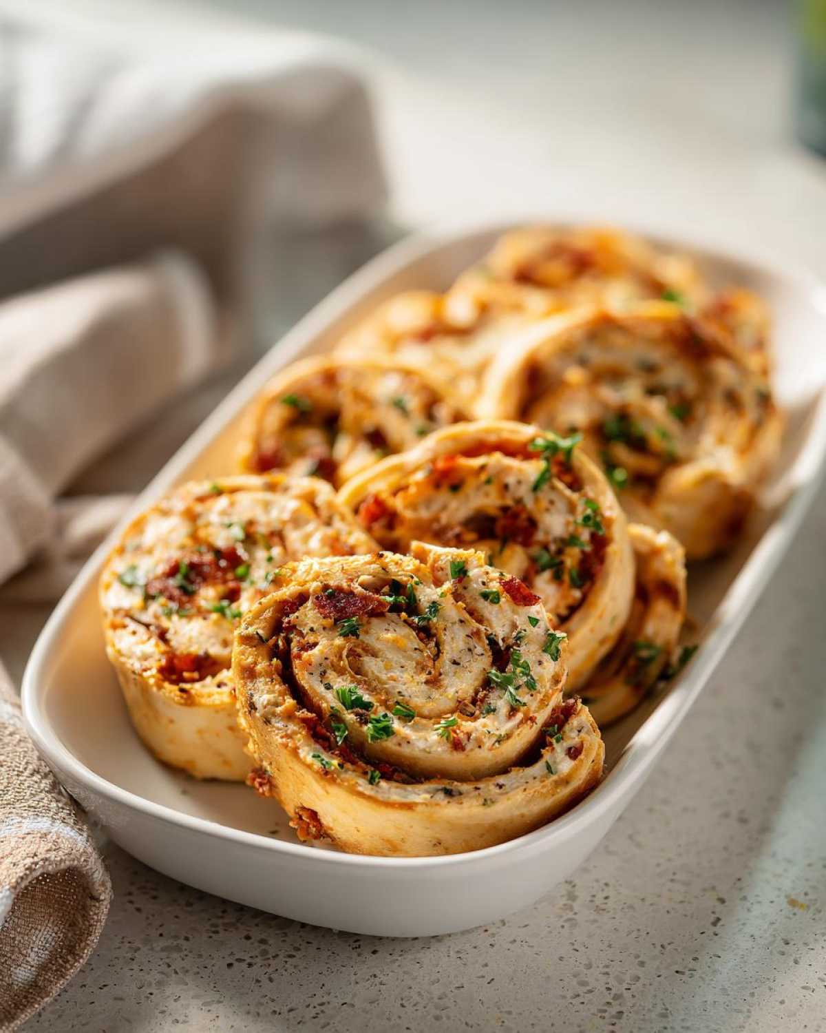 Close-up of several baked taco pinwheels, filled with creamy mixture and topped with herbs, arranged on a white platter.