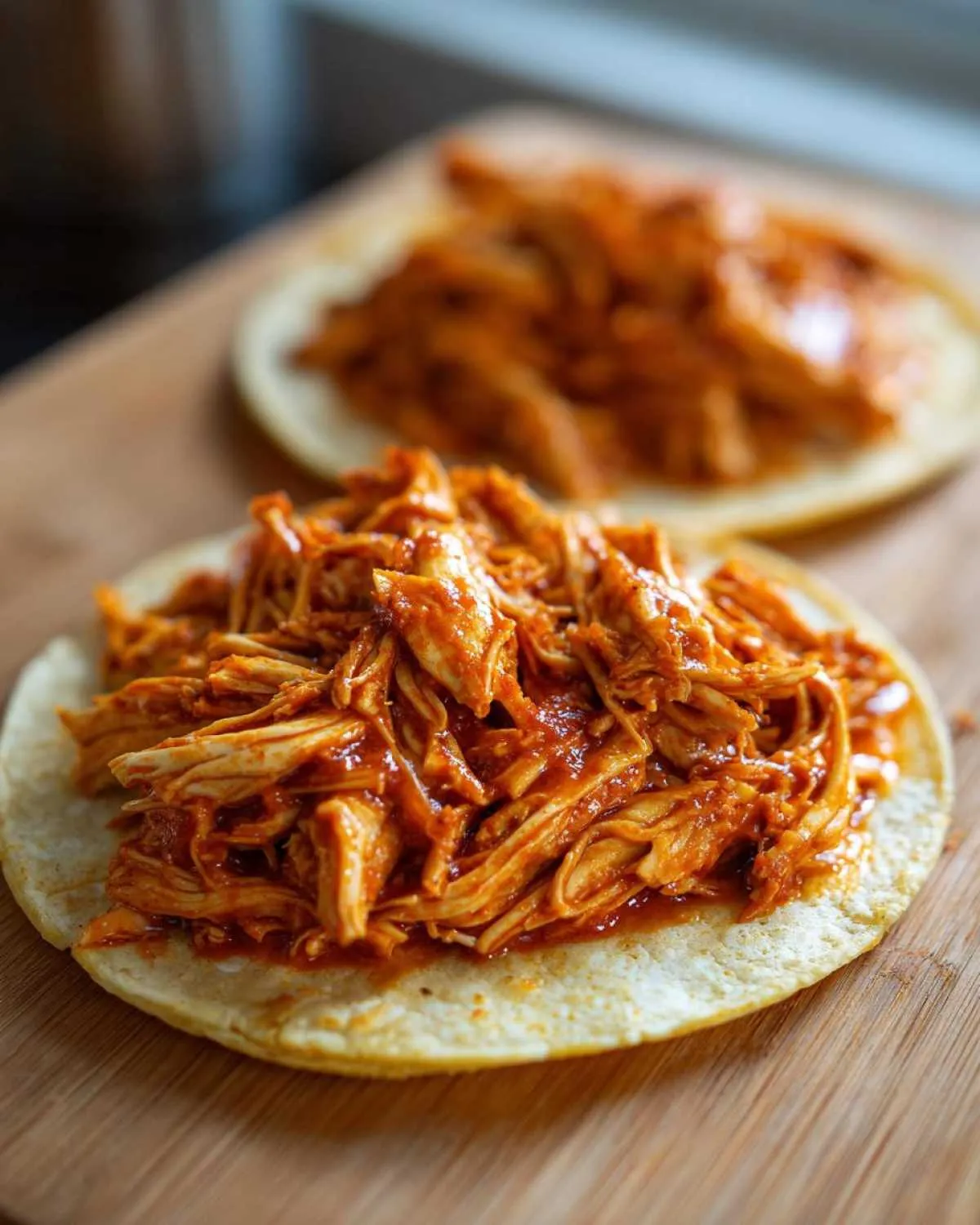 Close-up of shredded chicken tinga filling piled high on a corn tortilla, ready to be assembled.