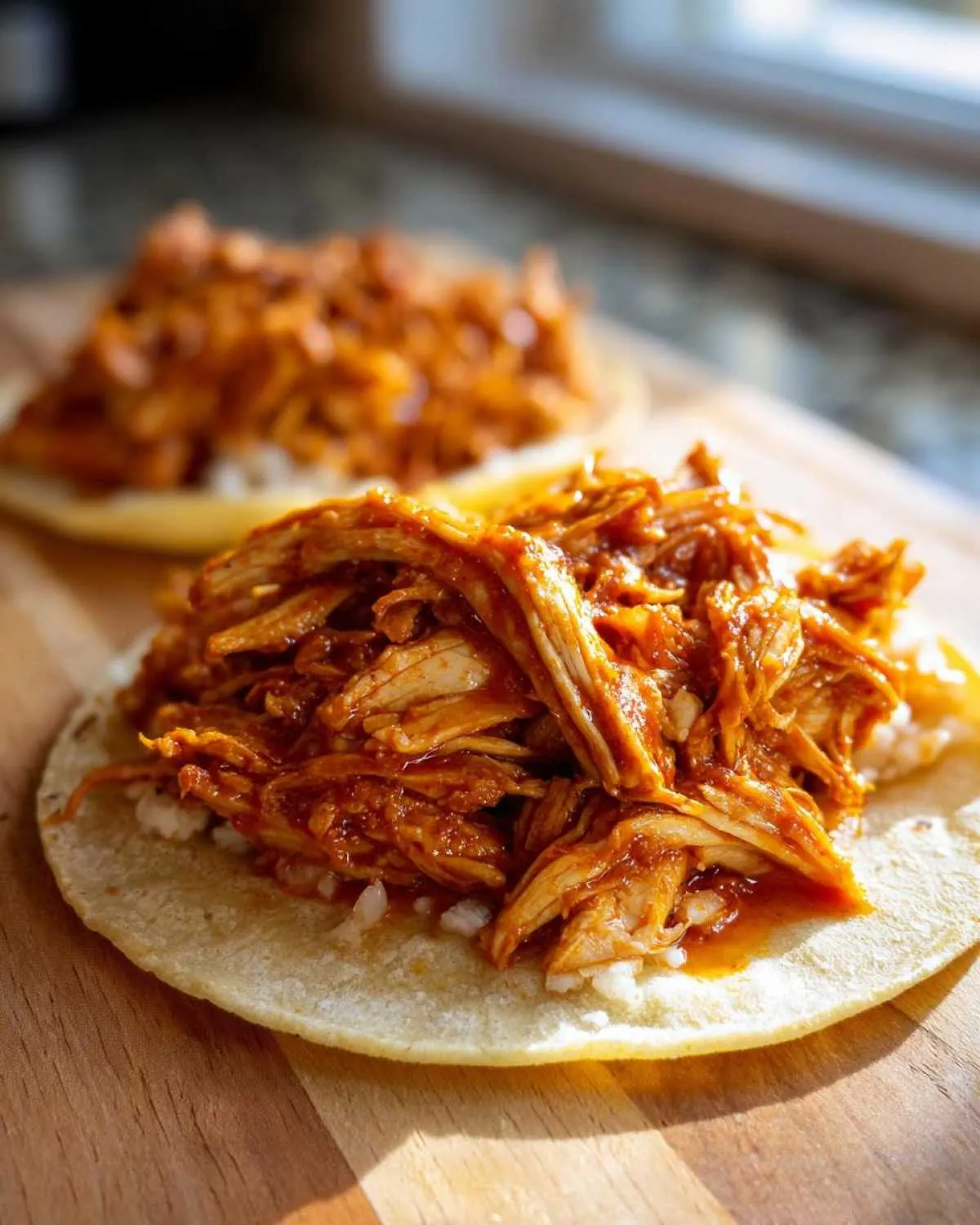 Close-up of shredded chicken tinga piled high on a small corn tortilla, ready to eat.