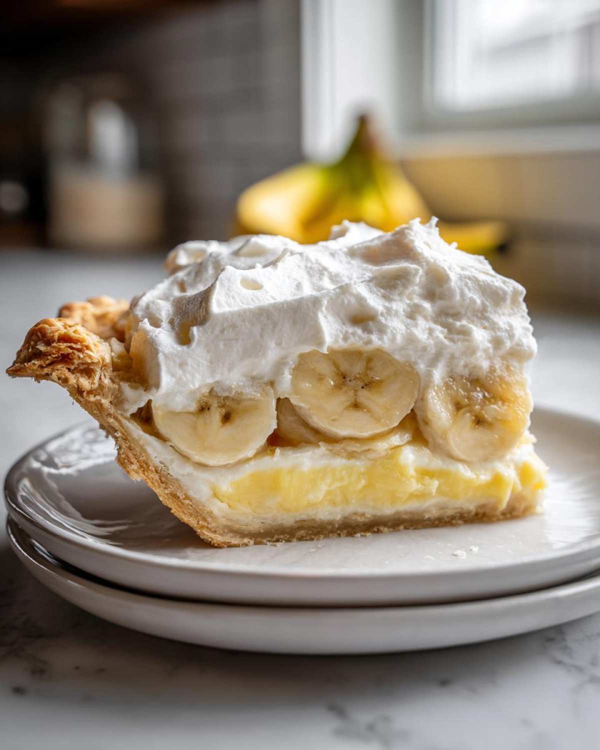 A close-up of a slice of amazing banana cream pie featuring layers of crust, custard, banana slices, and whipped cream.