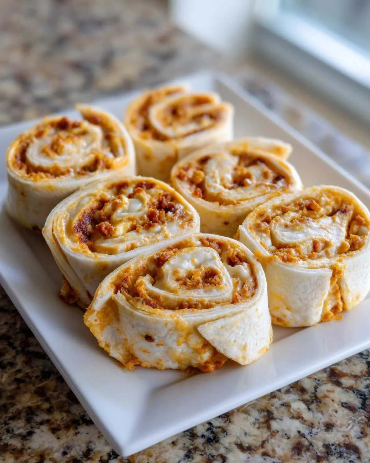 Six freshly cut, baked taco pinwheels showing swirls of seasoned meat and cheese filling on a white rectangular plate.