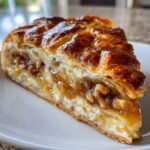 Close-up of a slice of baked brie wrapped in flaky pastry, topped with a glossy nut and caramel filling.