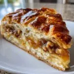 Close-up of a slice of baked brie wrapped in flaky pastry, topped with a glossy nut and caramel filling.