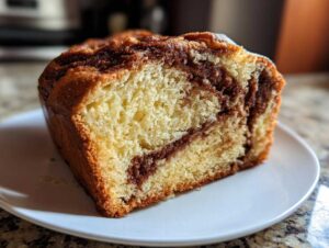 Close-up of a freshly baked slice of cinnamon bread showing a moist crumb and rich cinnamon swirl.
