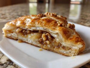Close-up of a slice of baked brie wrapped in flaky pastry, showing melted cheese and walnut filling.