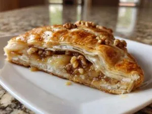 Close-up of a slice of baked brie wrapped in flaky pastry, showing melted cheese and walnut filling.