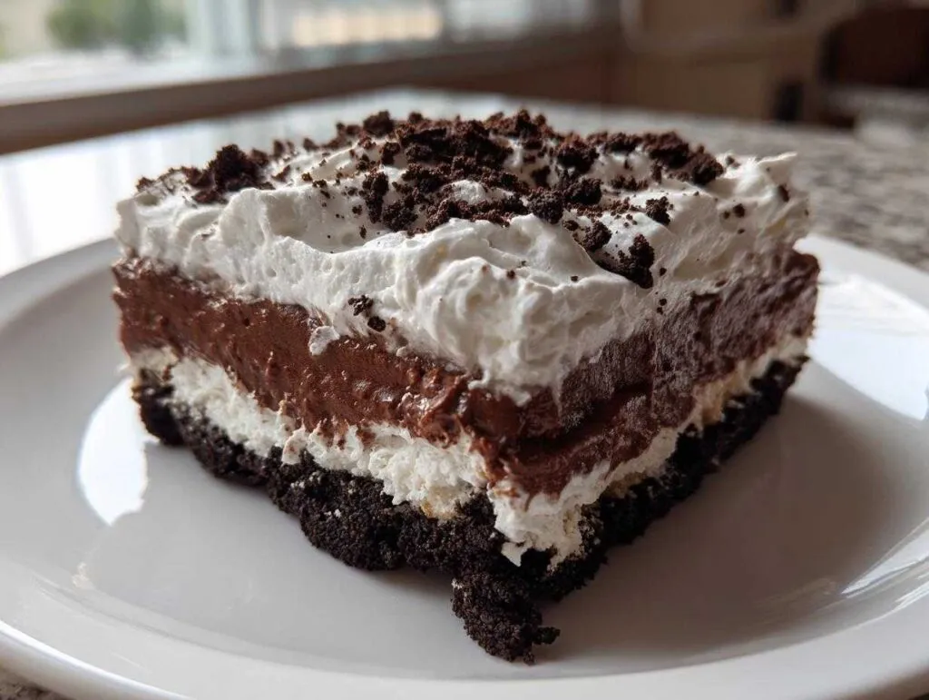 A close-up of a rich slice of chocolate lasagna featuring a dark crust, cream layer, chocolate pudding, and whipped topping.