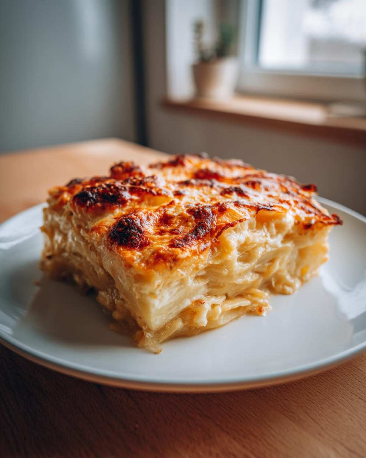 A thick, square slice of creamy potatoes au gratin with a deeply browned, cheesy crust, served on a white plate.