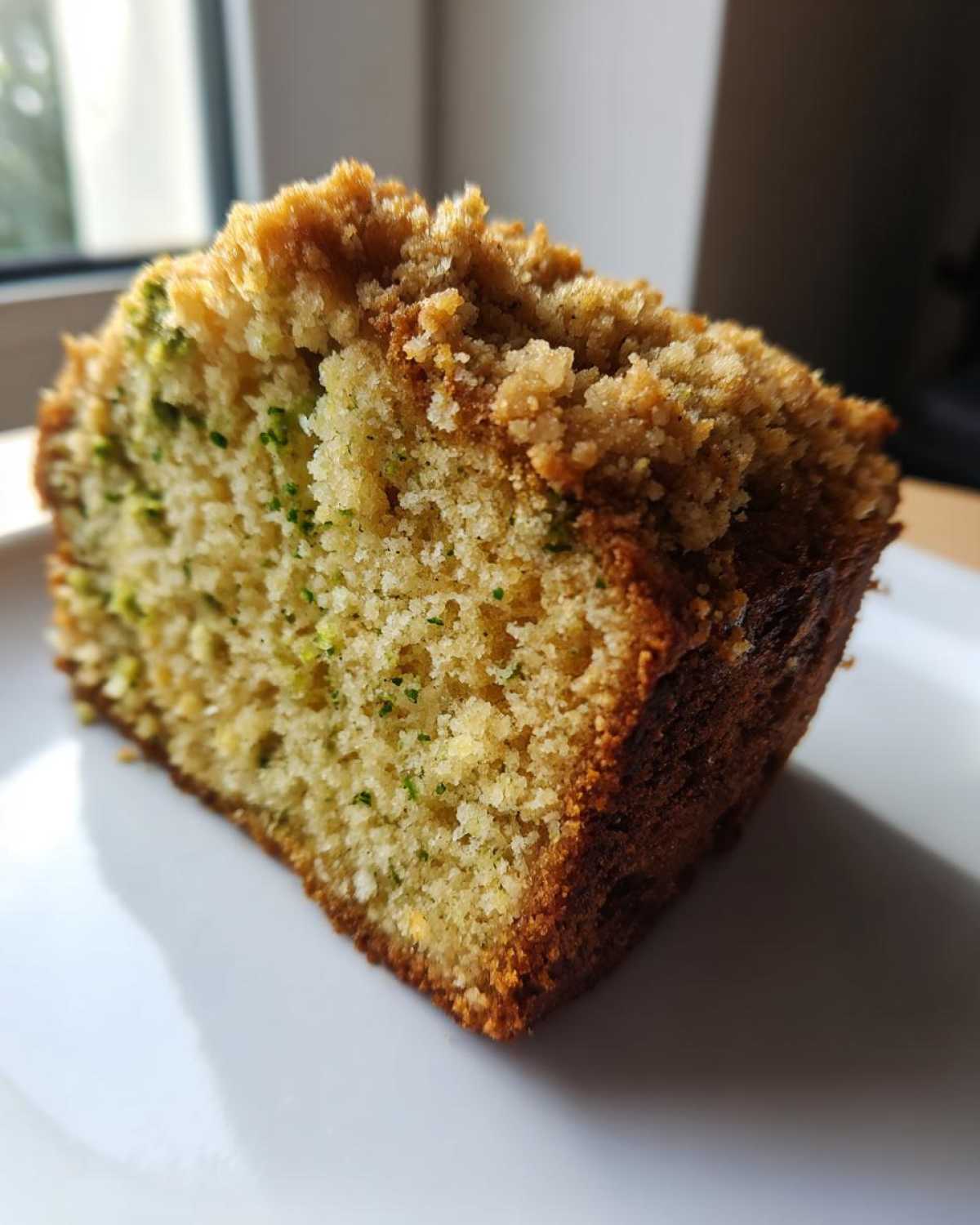 Close-up of a slice of moist pistachio coffee cake showing green flecks and a crunchy crumb topping.