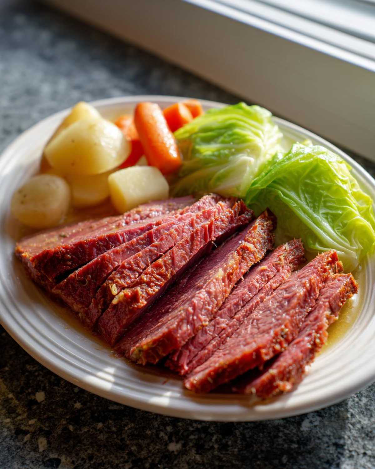 Slices of tender corned beef and cabbage served with boiled potatoes and carrots.