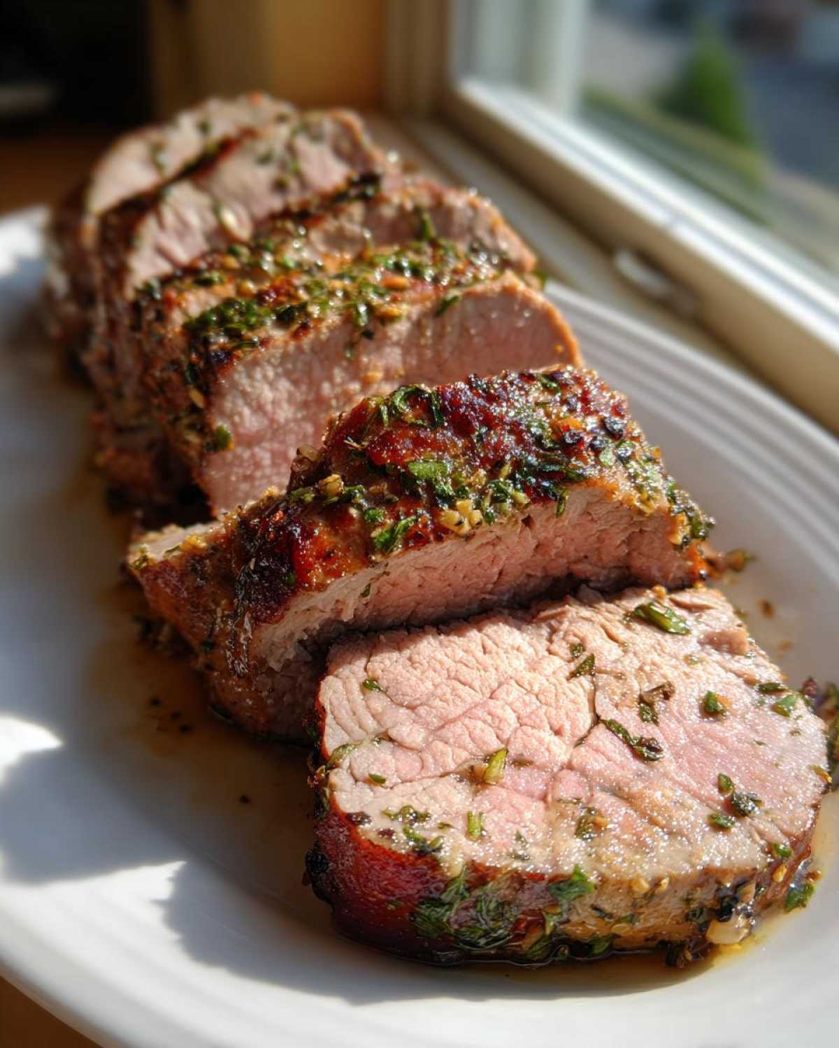 Close-up of a sliced pork tenderloin recipe, showing juicy pink interior and herb crust.