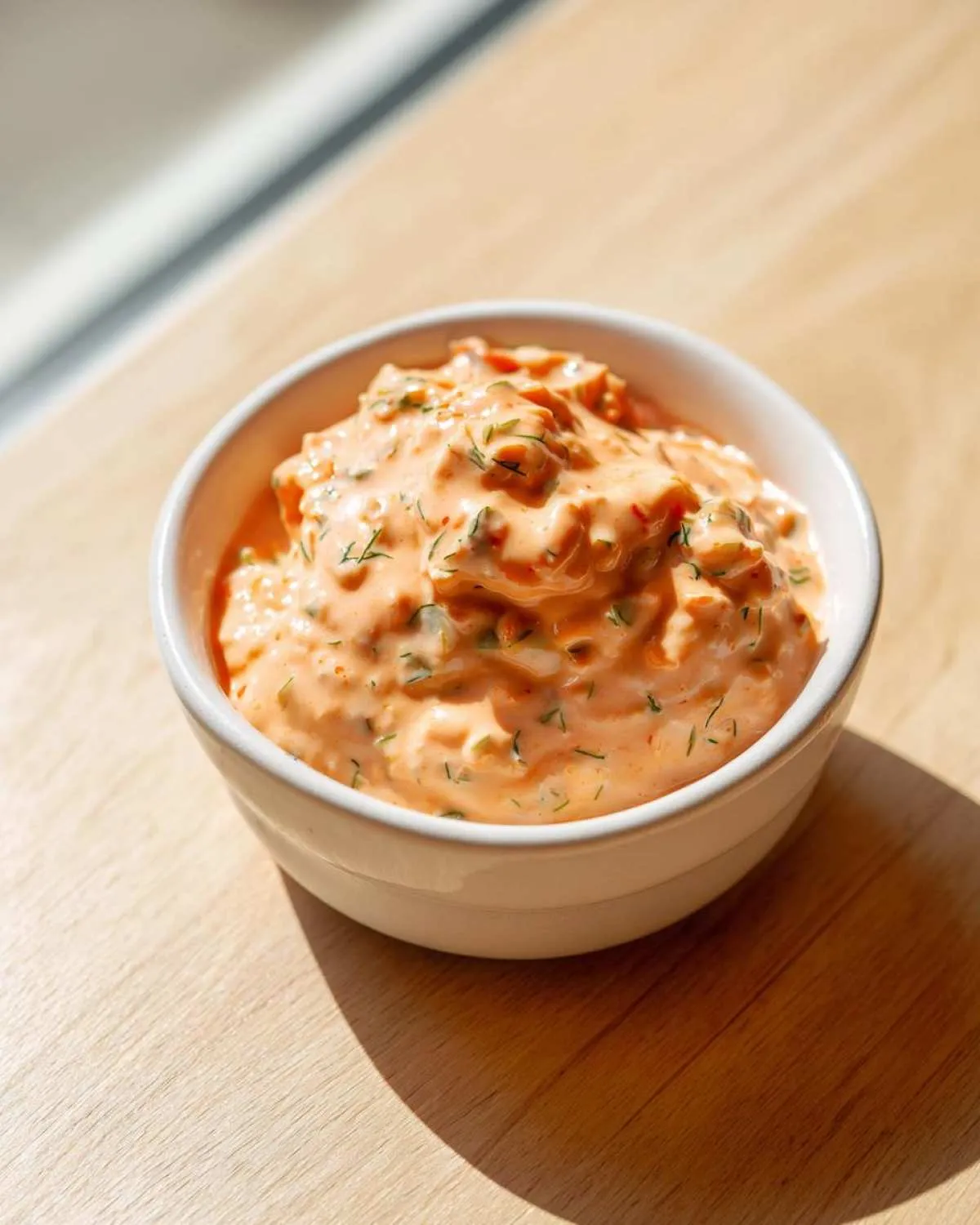 A small white bowl filled with creamy, orange-pink smash burger sauce speckled with green herbs.