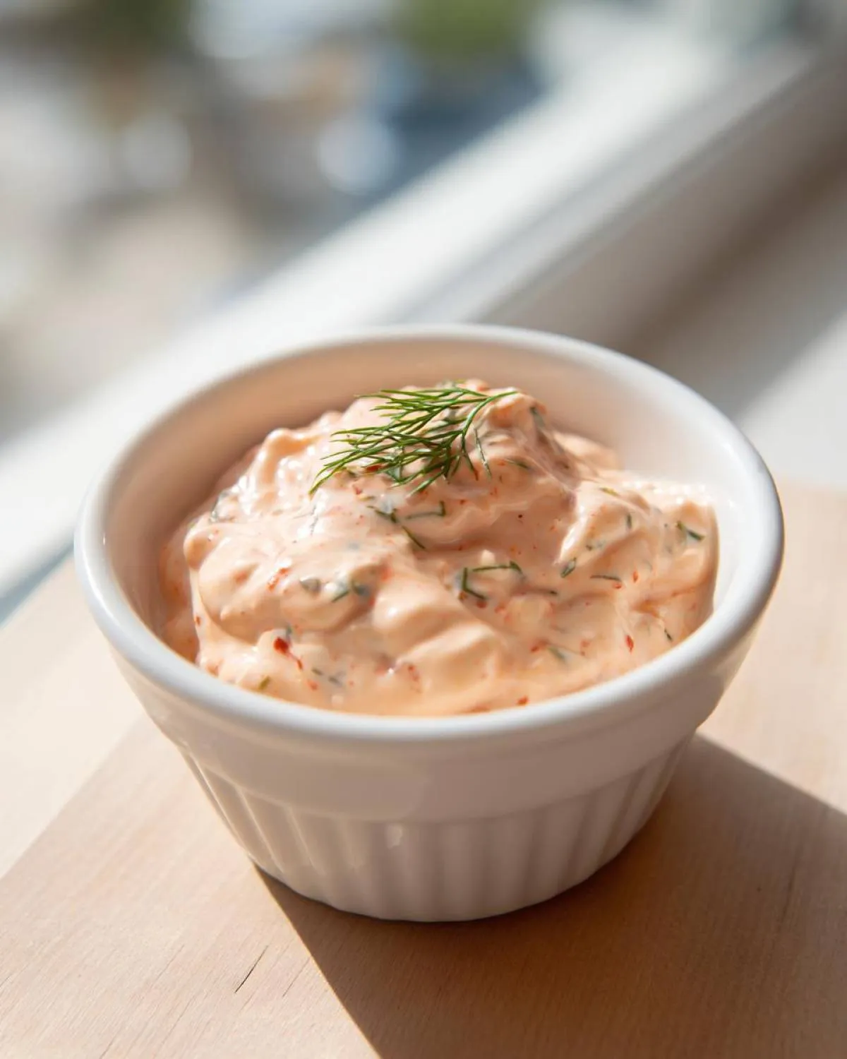 Close-up of creamy, orange-hued smash burger sauce topped with a sprig of fresh dill in a white bowl.