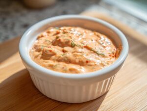 Close-up of creamy, orange-hued smash burger sauce garnished with herbs in a white ramekin.
