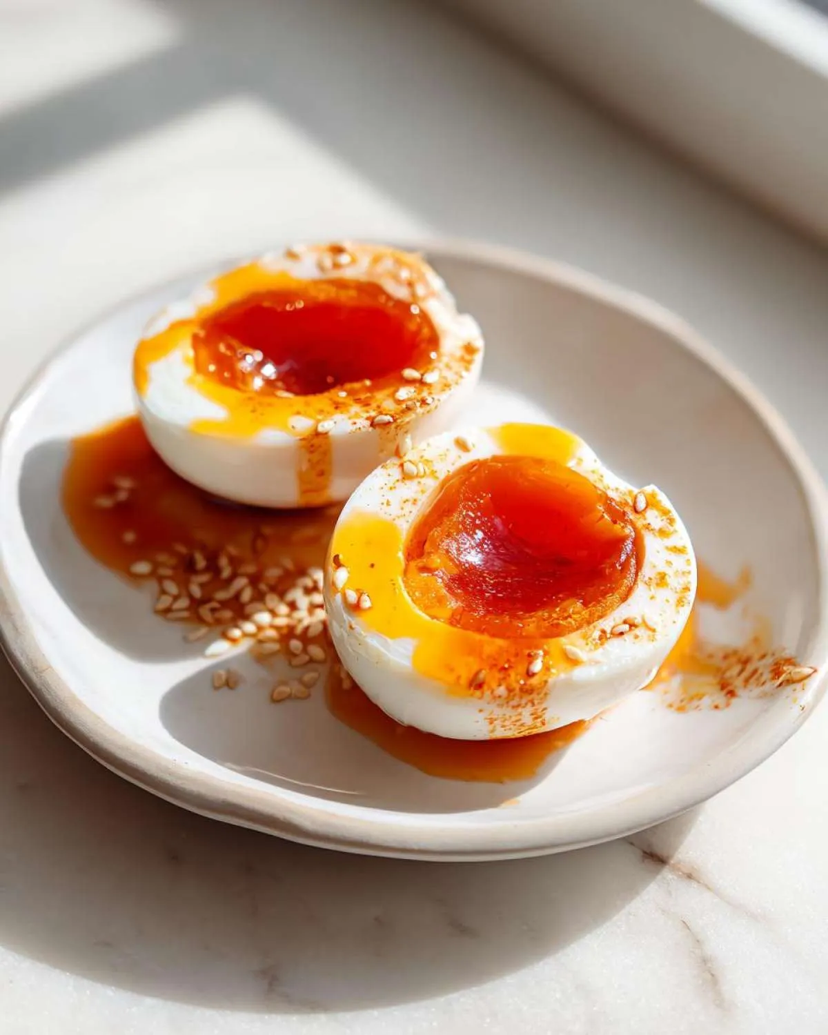 Two halves of soft-boiled marinated eggs with bright orange, jammy yolks, sitting in sauce and sprinkled with sesame seeds.