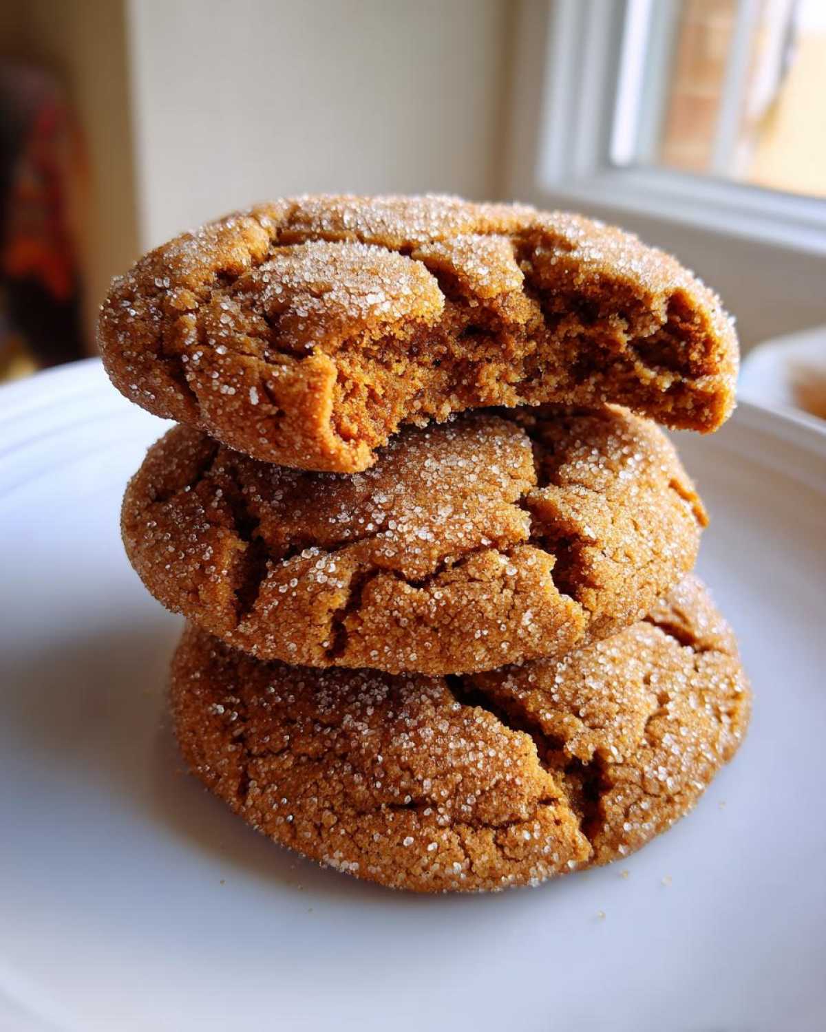 Three soft, chewy cinnamon cookies stacked, coated in sparkling sugar, with the top one broken open.