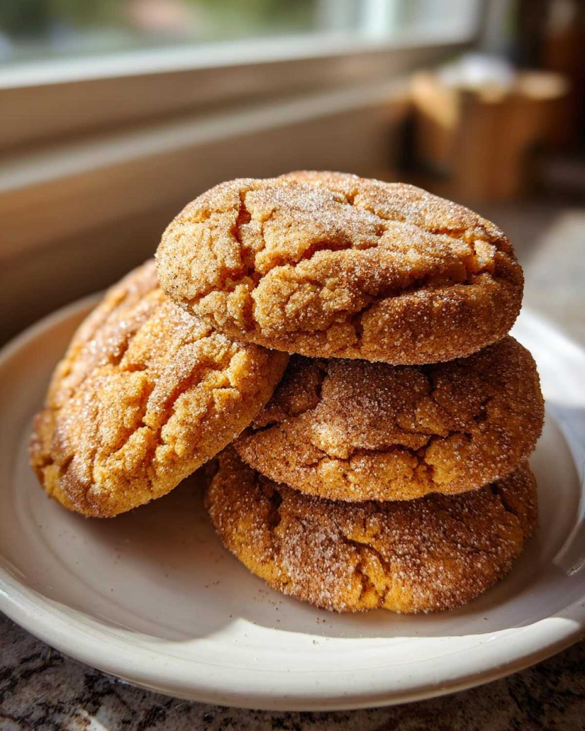 A stack of four soft and chewy cinnamon cookies coated in sugar, sitting on a white plate.