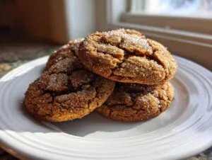 A stack of four soft, chewy cinnamon cookies rolled in granulated sugar, resting on a white plate.