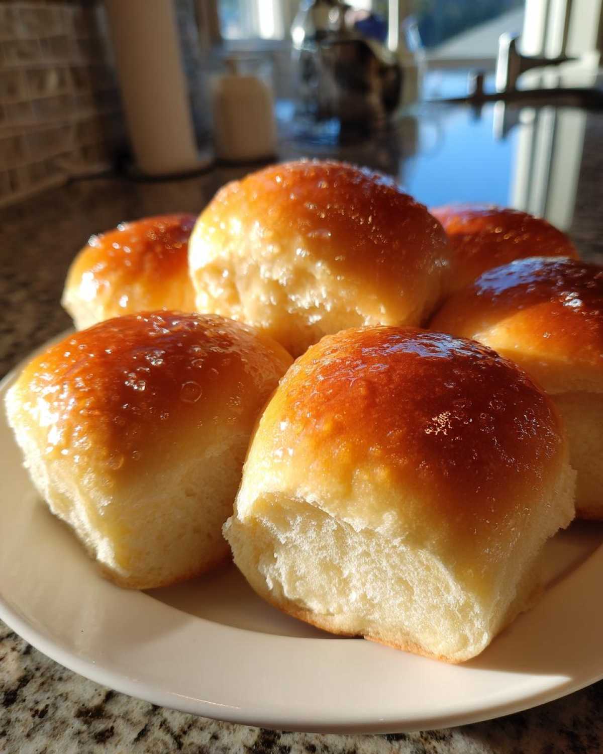 A close-up of several golden brown, soft dinner rolls with a shiny glaze resting on a white plate.
