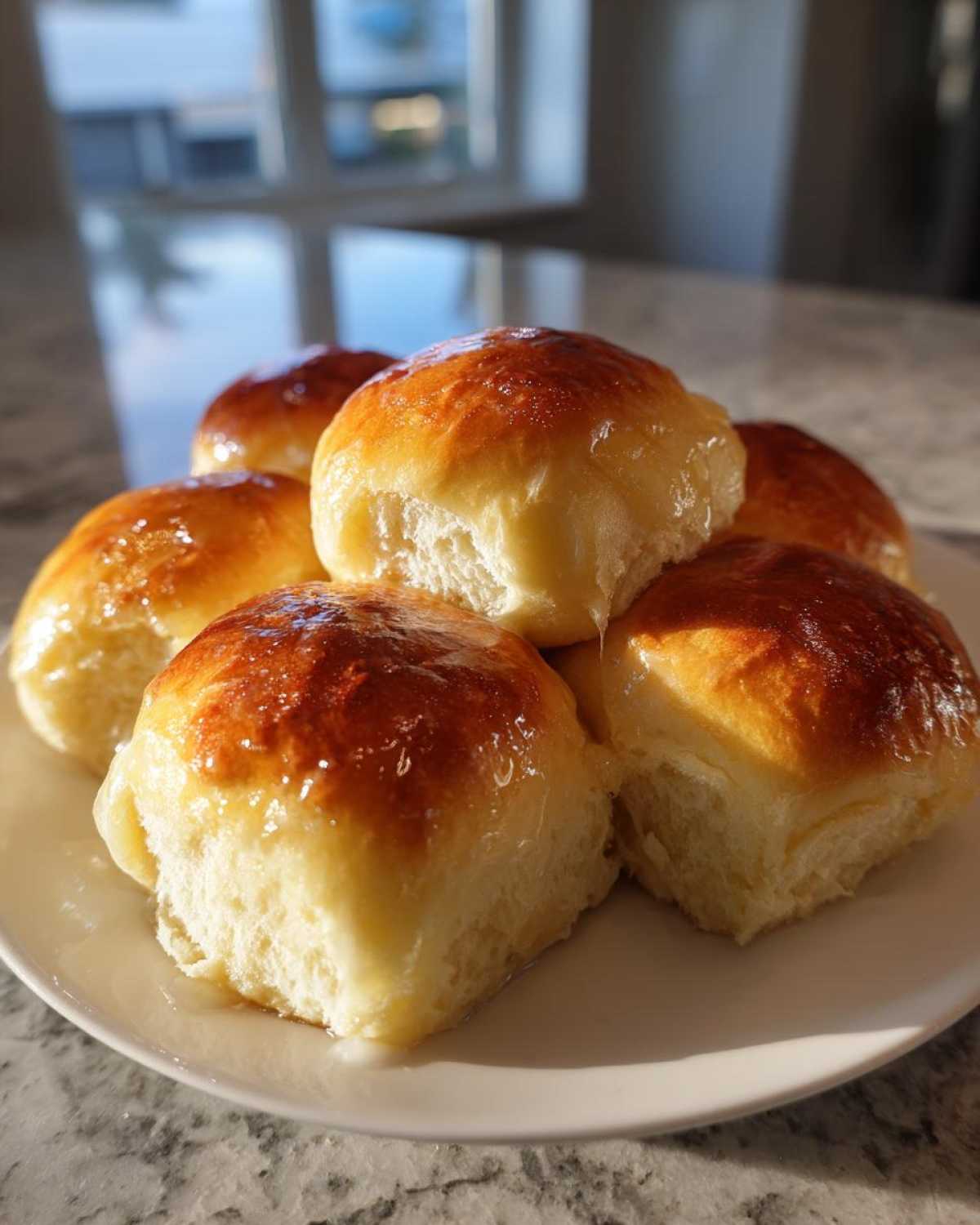 A stack of freshly baked, soft dinner rolls with a shiny, golden-brown glaze on a white plate.