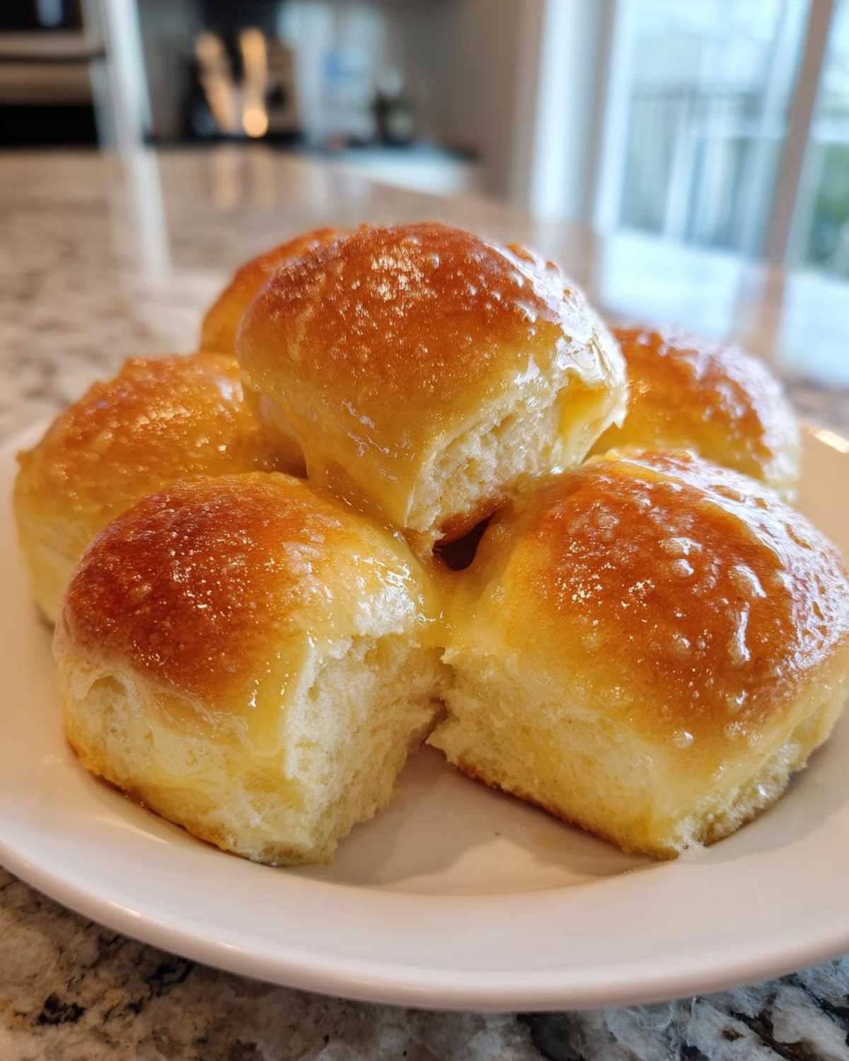 A stack of five golden brown, soft dinner rolls generously brushed with a shiny glaze on a white plate.