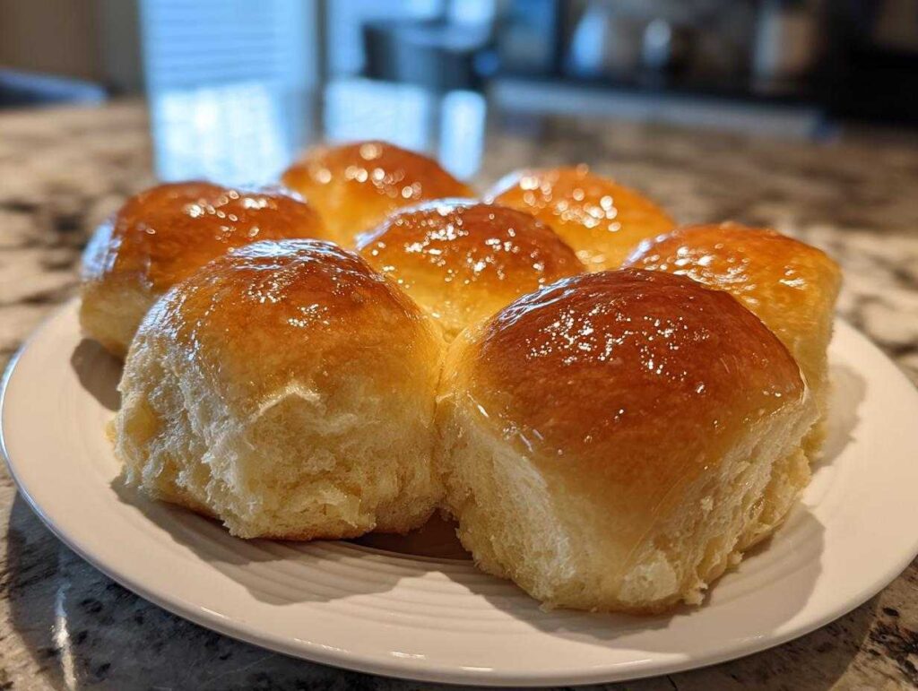 A plate of freshly baked, soft dinner rolls with a shiny, golden honey glaze.
