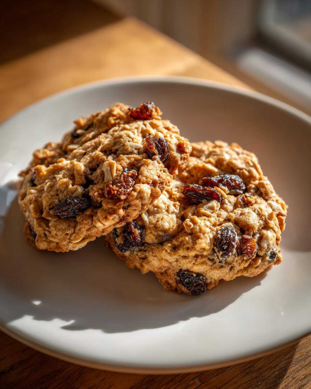 Two soft oatmeal raisin cookies stacked slightly on a light-colored plate, bathed in warm sunlight.