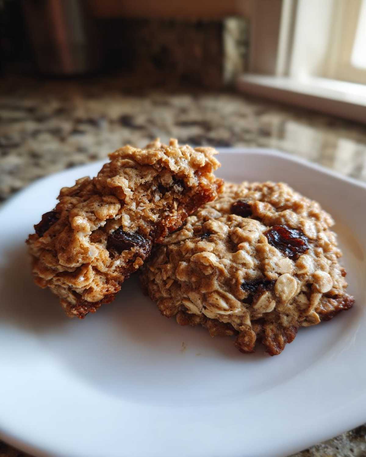 Close-up of two soft oatmeal raisin cookies, one broken in half, on a white plate.