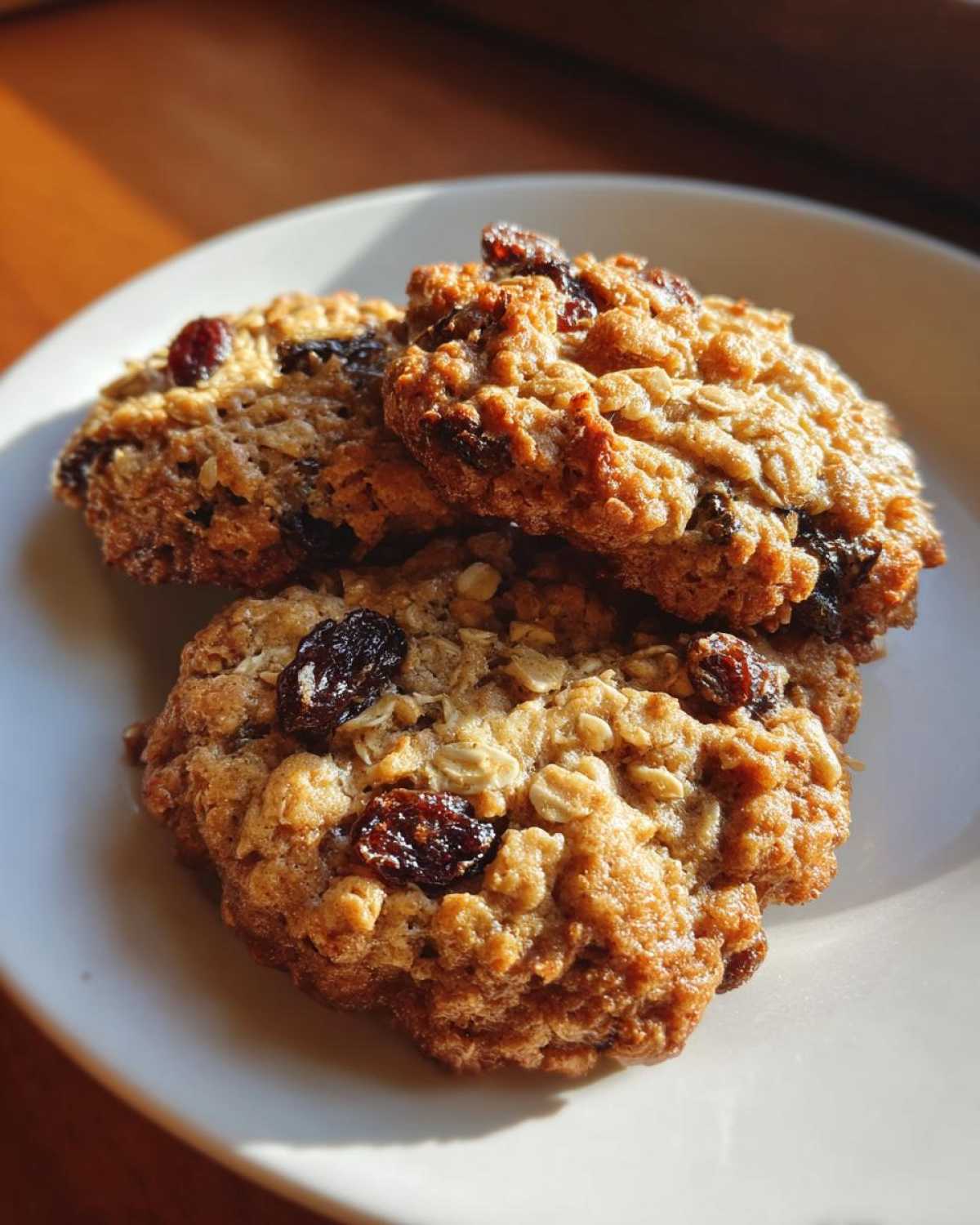 Three soft oatmeal raisin cookies stacked on a white plate, highlighted by warm sunlight.