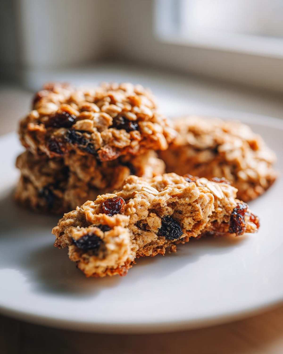 Close-up of soft oatmeal raisin cookies, one broken open to show texture and raisins.