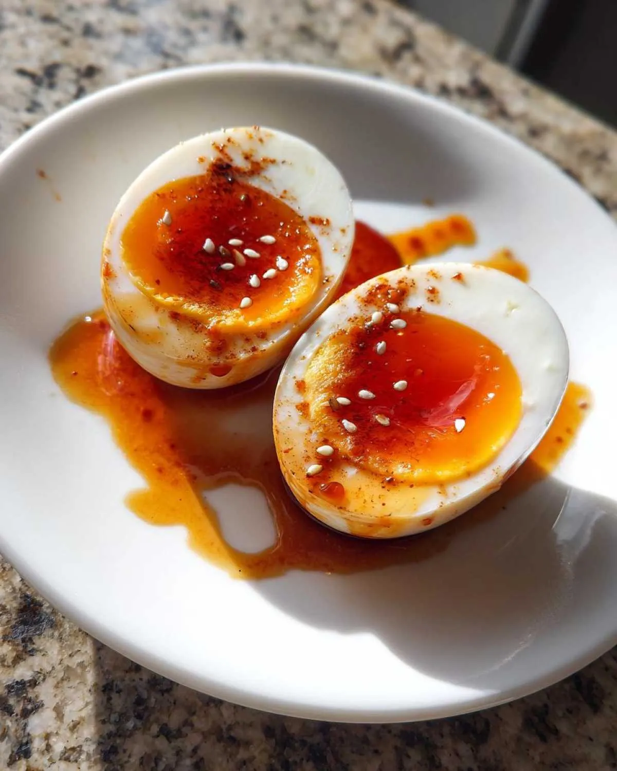 Two halves of soft-boiled marinated eggs, showing jammy yolks, drizzled with sauce and topped with chili flakes and sesame seeds.