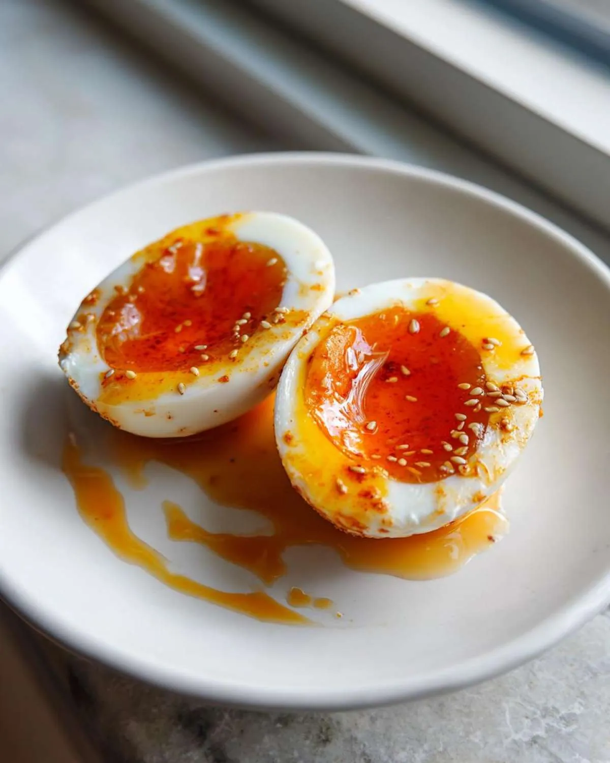 Two halves of soft-boiled marinated eggs with runny yolks, sprinkled with sesame seeds.