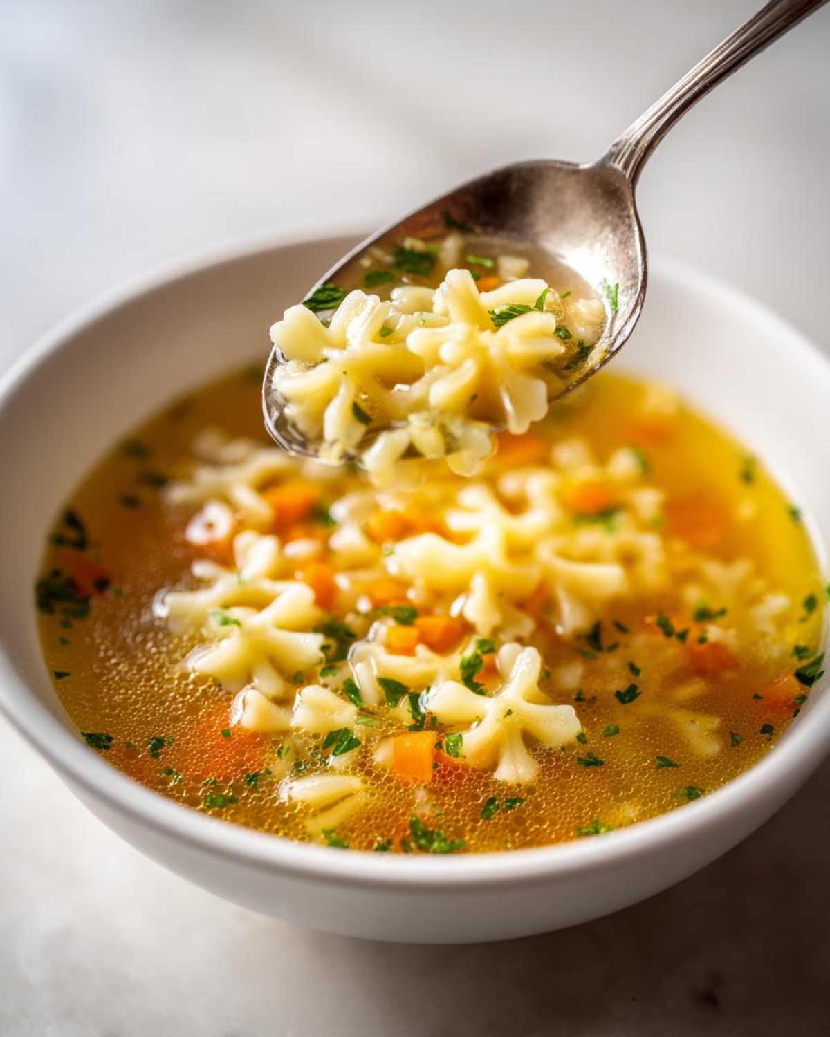 A spoonful of hot pastina soup, featuring star-shaped pasta and diced carrots, being lifted from a white bowl.