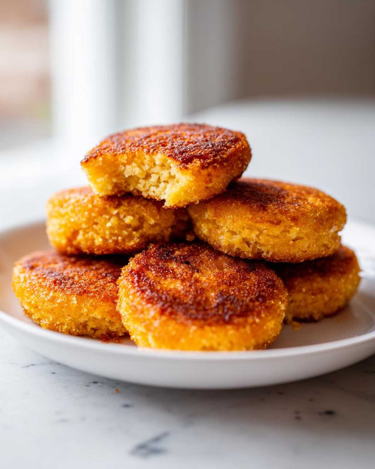 A stack of perfectly golden brown hot water cornbread patties on a white plate, one on top is broken open.