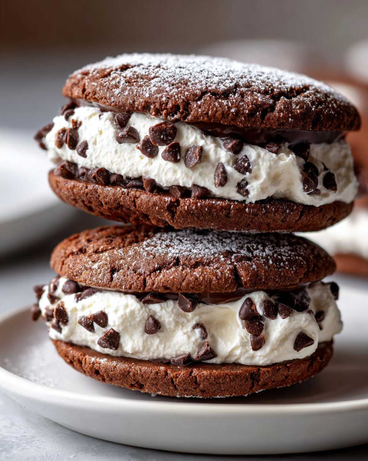 Two stacked chocolate cannoli cookies filled with white cream and mini chocolate chips, dusted with powdered sugar.