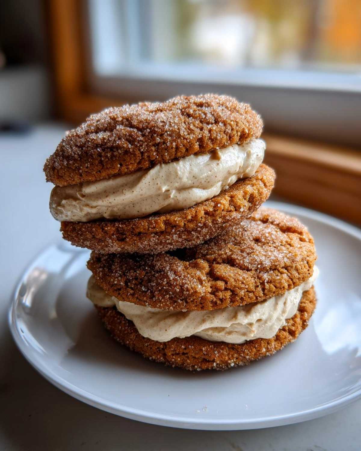 Two stacked, sugar-coated churro cookies filled generously with cinnamon cream frosting.