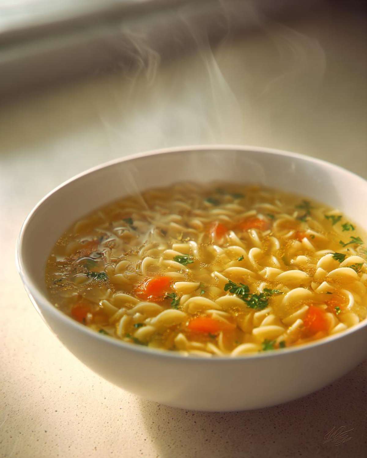 Close-up of a white bowl filled with steaming hot pastina soup, featuring small pasta shapes and carrots.