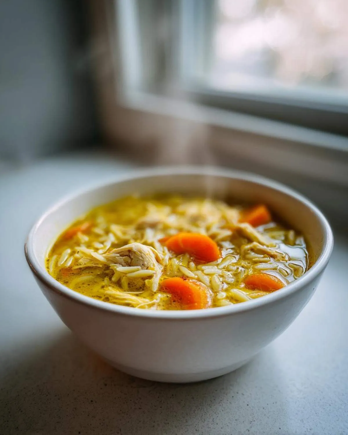 Close-up of a steaming white bowl filled with bright yellow chicken orzo soup, featuring shredded chicken and sliced carrots.