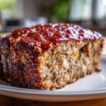 Close-up of a thick slice of stove top stuffing meatloaf topped with a shiny red glaze.